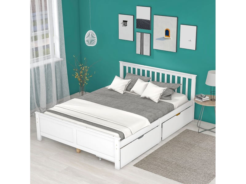  Lit double 140x200 cm avec 2 tiroirs de rangement, pin et mdf, blanc classique  - Conforama E