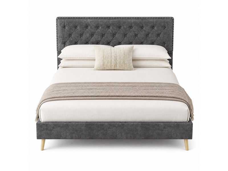  Lit adulte 140 x 200 cm, sans matelas, velours gris, doté de tête de lit moelleuse et sommier, lit 2 places  - Conforama A