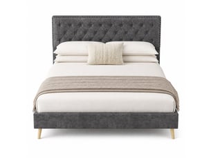 Lit adulte 140 x 200 cm, sans matelas, velours gris, doté de tête de lit moelleuse et sommier, lit 2 places