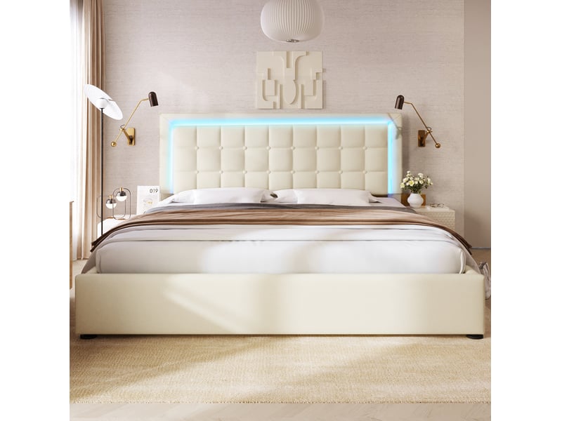  Lit coffre double 160x200 avec sommier, led et rangement hydraulique, avec matelas pour chambre en polyuréthane blanc  - Conforama E