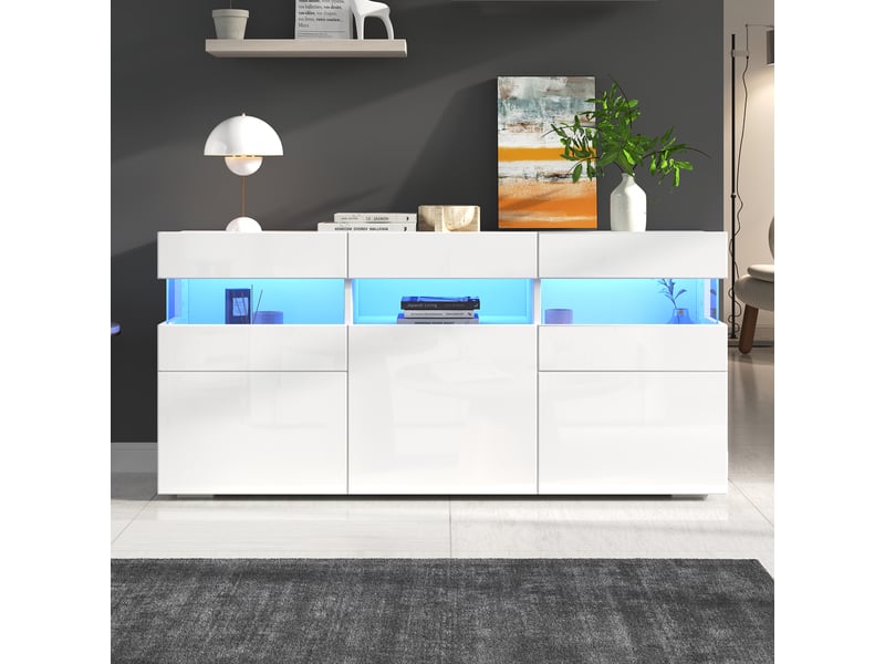  Buffet blanc 140x40,5x66,5 cm avec 3 portes, led et façade acrylique transparente  - Conforama B