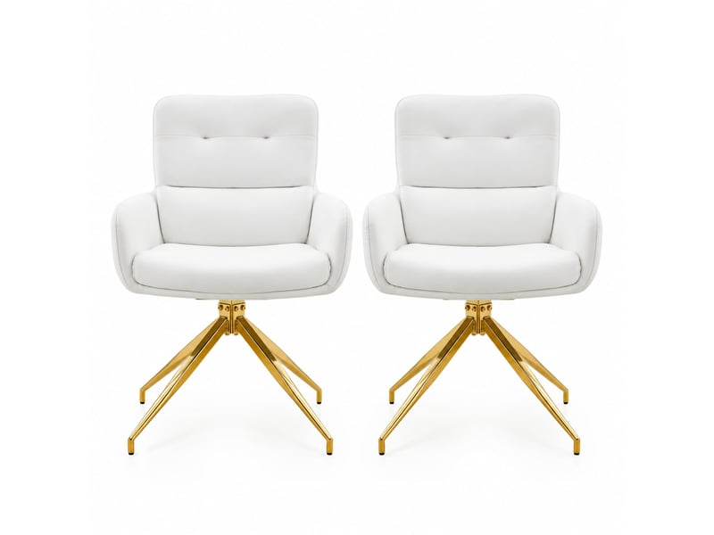  Lot de 2 chaises de salle à manger pivotantes 360°  - dossier rembourré, simili cuir blanc, métal doré  - Conforama A