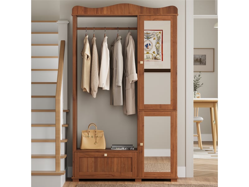  Armoire ouverte avec 2 portes, 1 tiroir et miroir pleine longueur pour chambre et entrée en mdf noyer 115,5 × 38,5 × 194,5 cm  - Conforama C