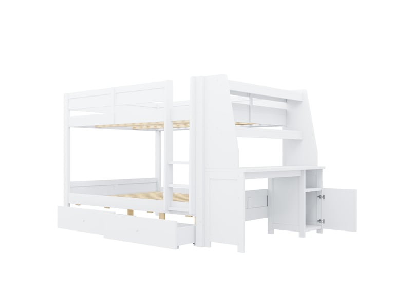  Lit superposé 140 × 200 cm 2 couchages avec bureau, rangements et 2 tiroirs, sans matelas, structure en bois blanc  - Conforama E