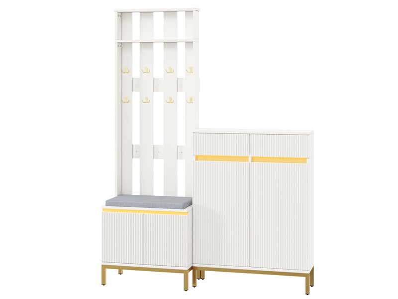 Meubles d'entrée avec meuble à chaussures, banc, crochets, étagères et led pilotées par application pour hall blanc - Conforama A