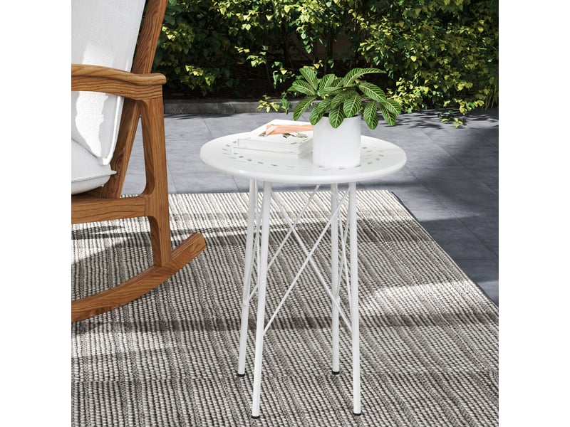  Table de jardin ronde en acier, motif floral et feuillagé, pieds réglables et structure en x, ø 40 x 50 cm, blanche  - Conforama C