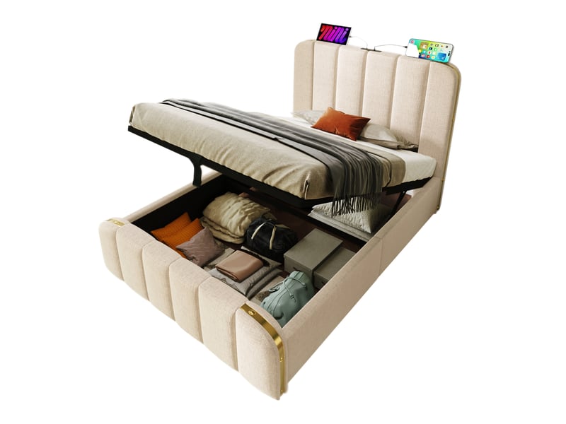 Lit une place avec rangement hydraulique, tête de lit rembourrée et matelas 90 x 200 cm beige - Conforama A