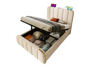 Lit une place avec rangement hydraulique, tête de lit rembourrée et matelas 90 x 200 cm beige