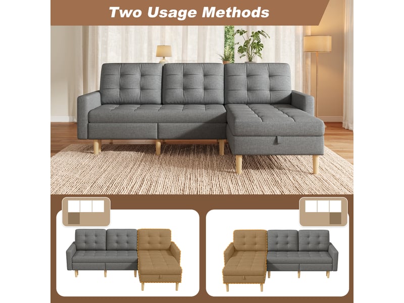 Canapé d'angle réversible 3 places, canapé en tissu non tissé gris, avec double coffre de rangement pour petit salon, 212x130x86 cm - Conforama D