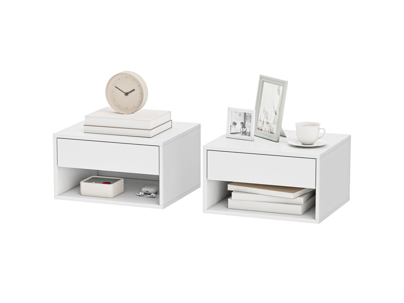 Lot de 2 tables de chevet murales, tables de nuit, tiroir, compartiment ouvert, plateau, 37 x 32 x 21 cm, blanc  - Conforama B