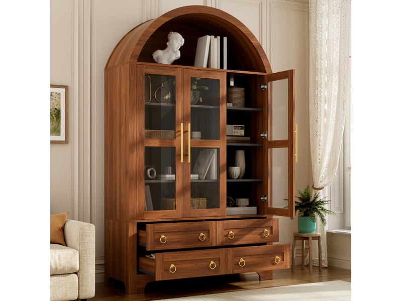  Buffet haut 3 portes vitrées et 4 tiroirs 110x40x185 cm coloris noyer  - Conforama B
