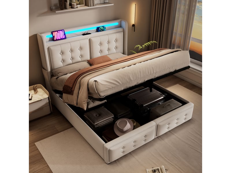  Lit polsteré en coton lin côtelé beige 160x200 cm  - Conforama D