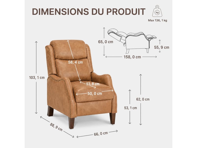  Fauteuil relax manuel en pu,3 positions,  structure en bois massif – salon, bureau, chambre,marron  - Conforama C