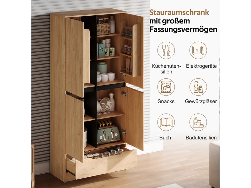 Armoire de rangement cuisine 80x35x180 cm en mdf avec tiroir, étagères réglables et rangements de porte, colonne naturelle - Conforama E