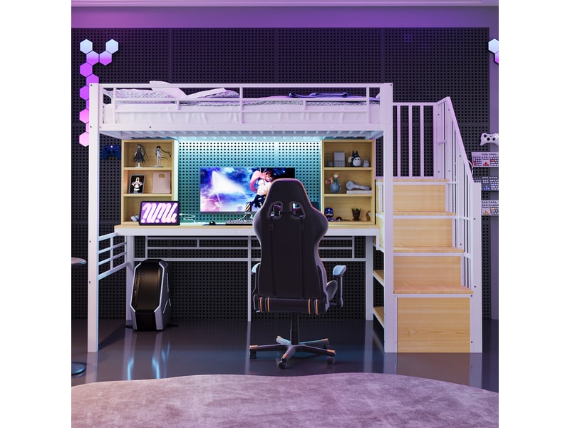  Lit mezzanine blanc 90x200 cm, rangements et bureau, led, échelle-coffre, garde-corps, cadre fer, prise européenne  - Conforama E