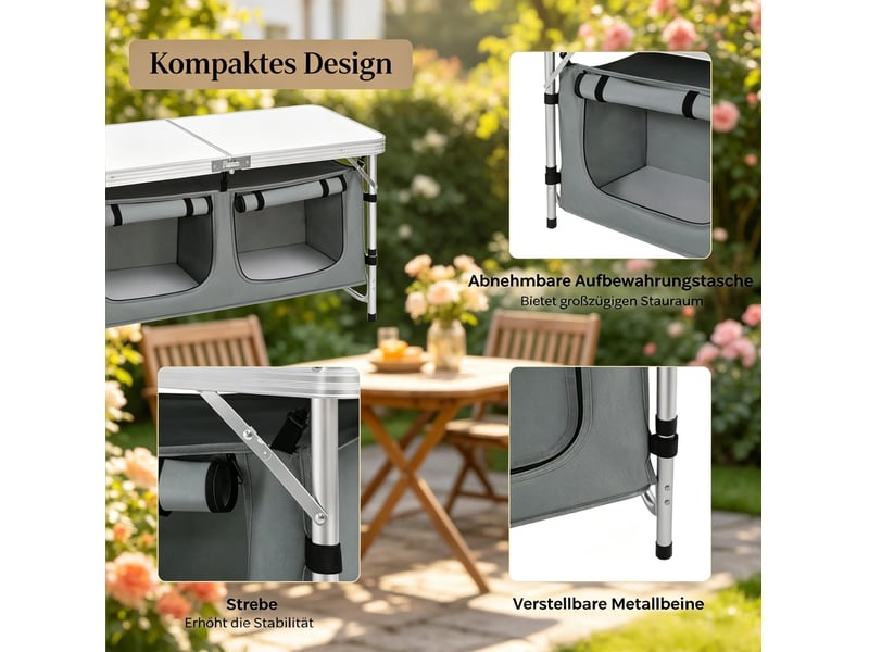 Table de camping pliante 120x47 cm – gris et blanc – hauteur réglable avec sac de rangement suspendu - Conforama E