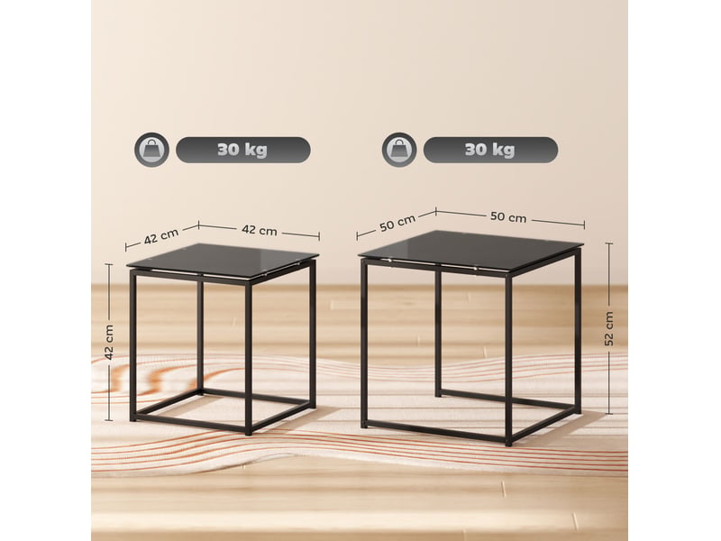  Lot de 2 tables d’appoint gigognes carrées en acier noir et verre trempé  - Conforama C
