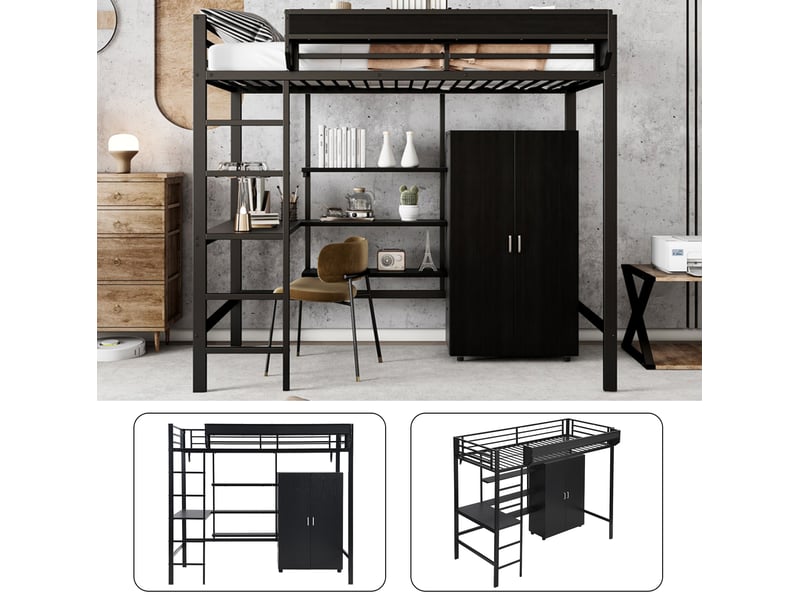 Lit mezzanine enfant 90x200 cm – noir – bureau, armoire 2 portes et rangements intégrés, sans matelas - Conforama E