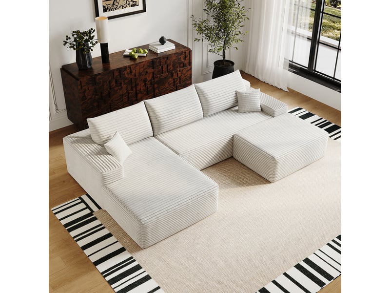  Canapé d’angle modulable 270 x 175 x 83 cm 3 places avec pouf, méridienne en l, assise profonde, sans montage, blanc Bliss Lite - Conforama E