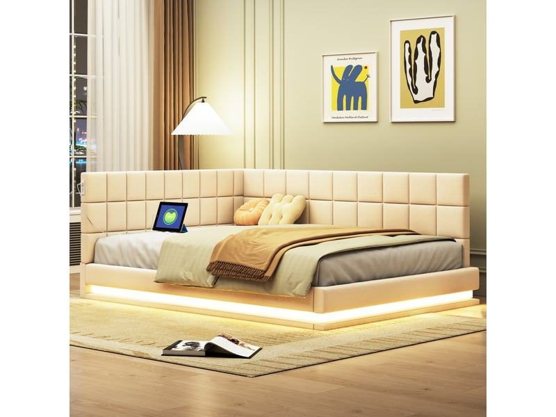 Lit banquette enfant 140 x 200 cm avec led, usb et sommier à lattes, lin, beige Fay Lum - Conforama E
