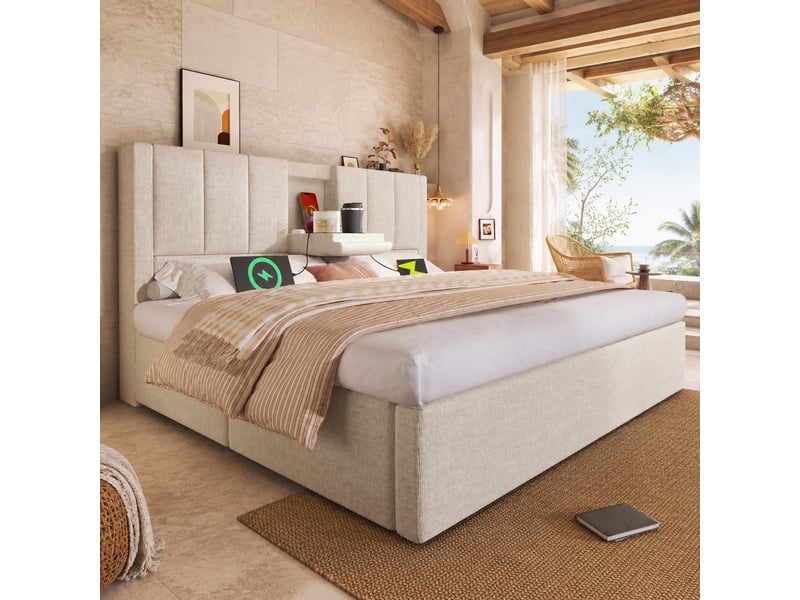  Lit coffre 140x200 cm hydraulique avec chargeur usb-c, porte-gobelets cachés, sommier, lin beige sans matelas  - Conforama B