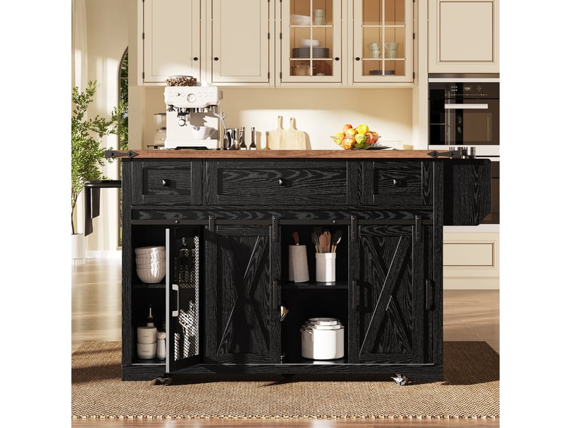 Îlot de cuisine sur roulettes noir avec plan de travail extensible, prises électriques intégrées, hauteur 91 cm - Conforama W