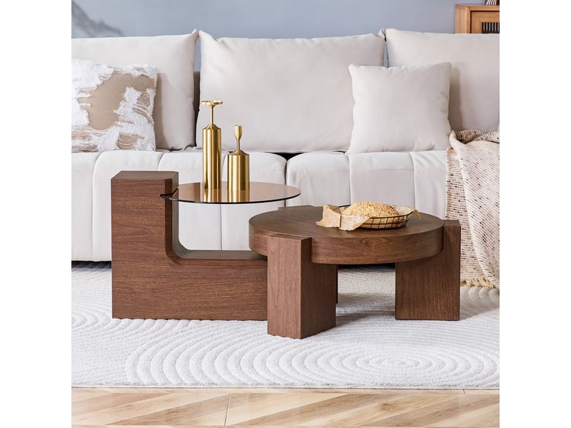  Table basse table de salon adaptée à différentes configurations plateau en verre marron transparent supports en mdf aspect noyer design démontable  - Conforama B