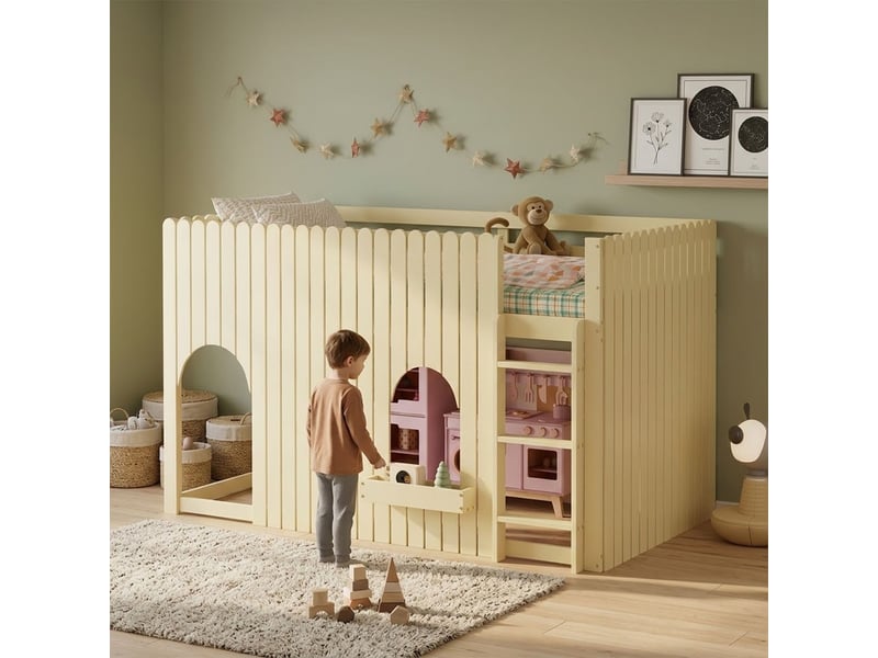 Lit mezzanine enfant 90 x 200 cm éclairage led lit simple barrières de sécurité échelle droite à trois niveaux compartiment de rangement éclairage led multicolore fenêtres arrondies structure en pin et mdf finition naturelle - Conforama B
