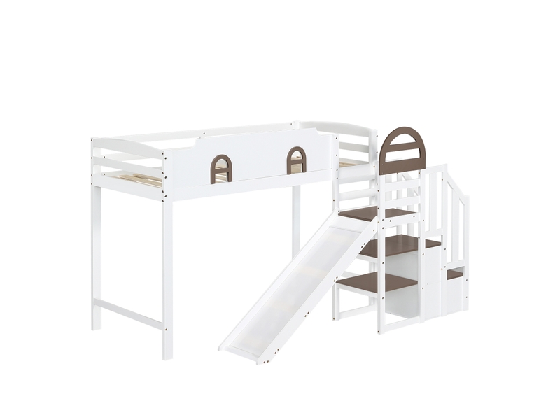 Lit superposé 90x200 cm, marche de rangement avec 2 placards et toboggan, en bois, blanc, sans matelas - Conforama C