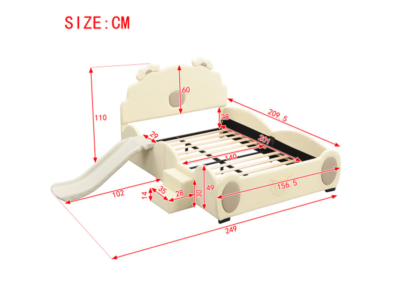  Lit enfant 140 x 200 cm, motif ours, avec toboggan et échelle, en polyuréthane beige, facile à nettoyer, forme adorable.  - Conforama C