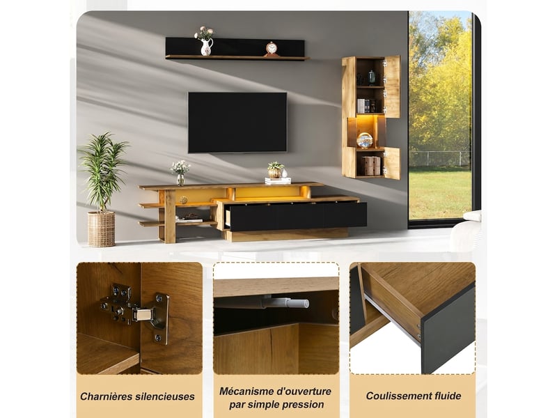  Ensemble meuble tv mural 3 pièces bois et noir avec led pour tv 80 pouces  - Conforama R