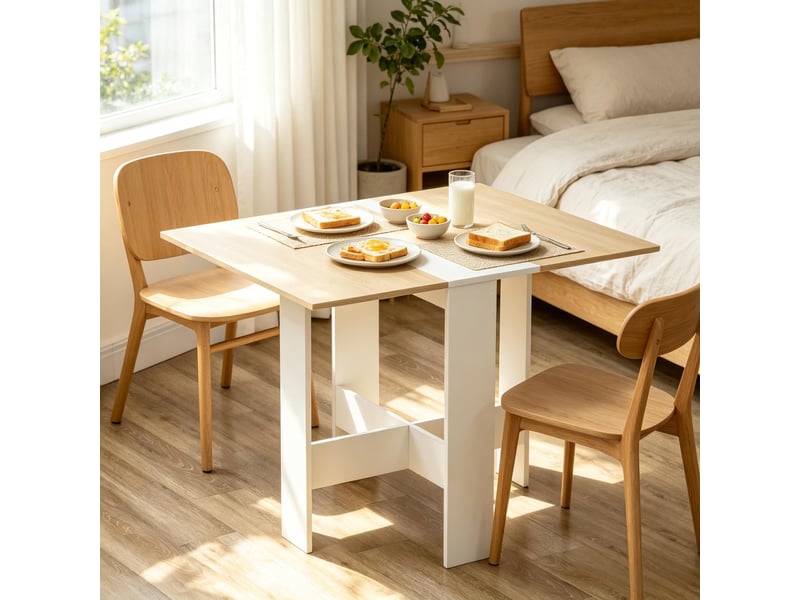 Table à manger pliante rabattable avec double plateau - lpospi - table cuisine bureau mdf chêne et blanc 103 × 76 cm - Conforama B