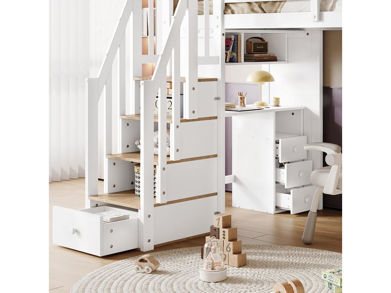  Lit superposé en pin et mdf blanc et naturel 90x200 cm  - Conforama D