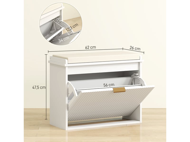  Banc à chaussures avec coussin d'assise rembourré et tiroir rabattable pour couloir, chambre, blanc, 62 x 26 x 47,5 cm  - Conforama C