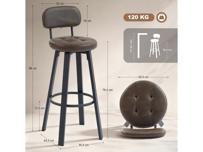  Ensemble de 2 tabourets de bar pivotants pour cuisine, revêtement en polyuréthane, avec dossier, structure en métal et repose-pieds, marron foncé  - Conforama E