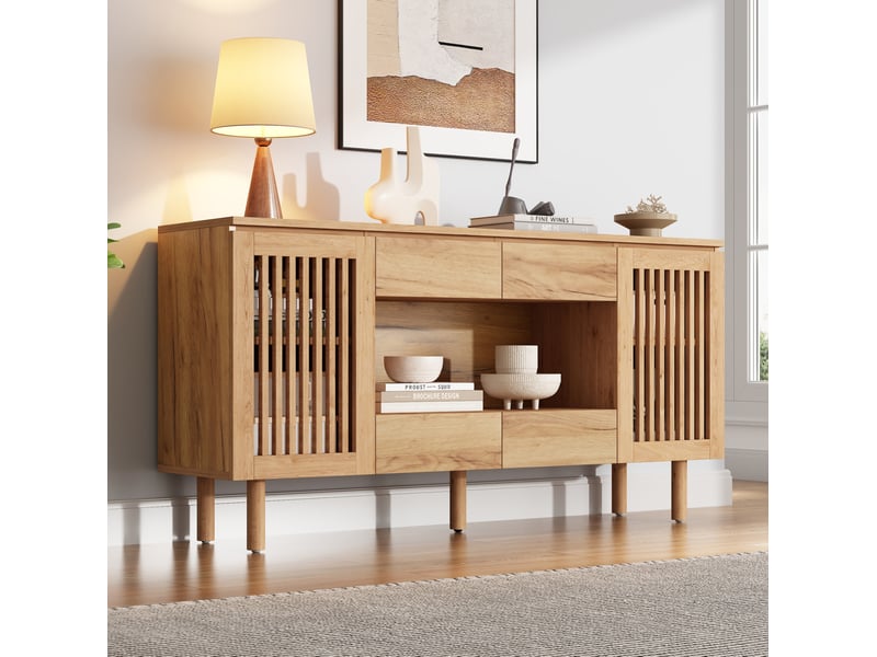  Sideboard 140x35x71 cm avec 4 tiroirs et 2 portes lamellées en mdf coloris naturel  - Conforama B