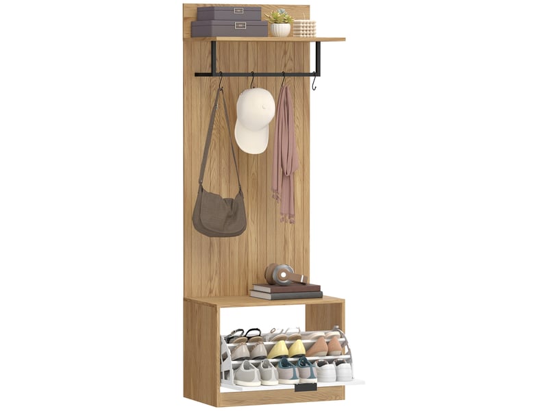  Vestiaire d'entrée avec banc à chaussures et 4 crochets coloris chêne 60 x 30 x 170 cm  - Conforama A