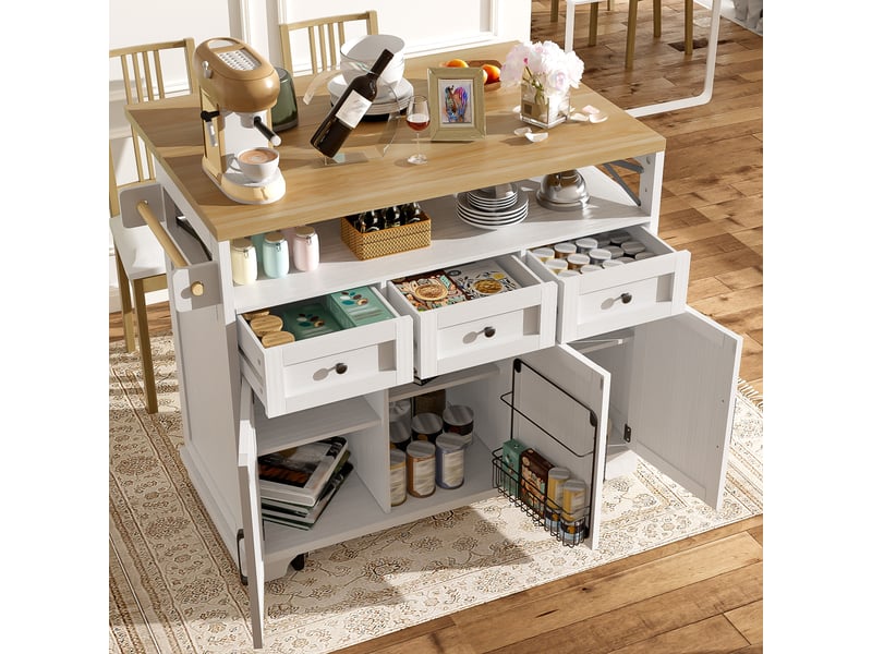 Desserte de cuisine avec 3 tiroirs, plateau rabattable, porte-serviettes et roulettes verrouillables, 118×43×98 cm - Conforama B