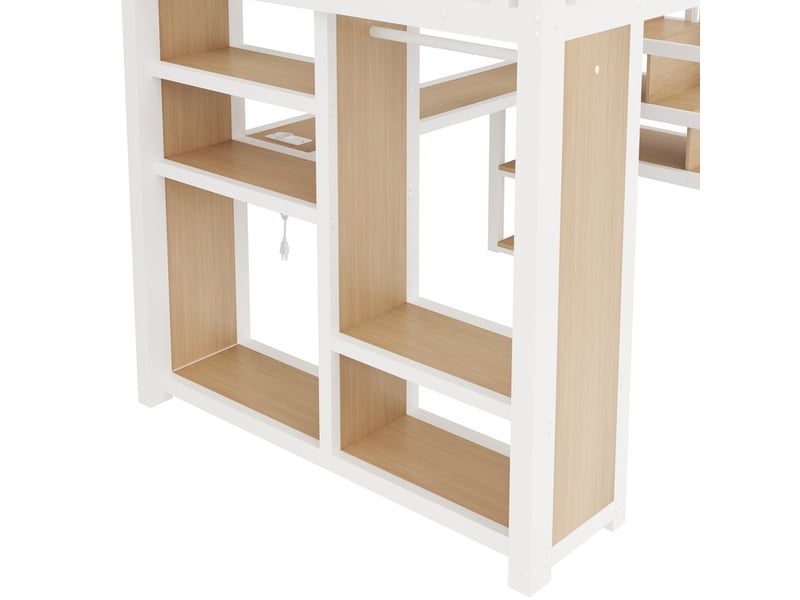  Lit mezzanine gaming 140x200cm avec éclairage led, port usb, bureau, penderie, escalier rangement, blanc  - Conforama E