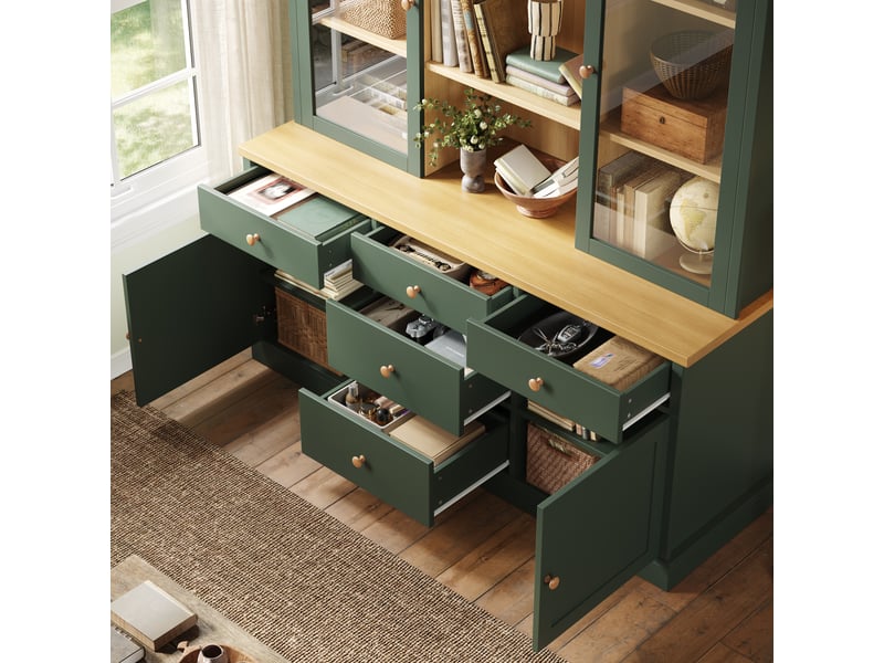  Buffet haut 140x40x185cm avec 5 grands tiroirs, portes vitrées et dispositif anti-basculement, meuble de rangement pour cuisine et salle à manger, vert evarich - Conforama D
