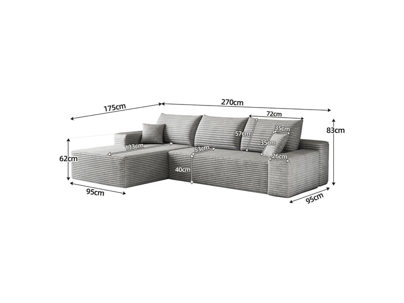 Canapé d’angle en l gris, 270 × 175 × 83 cm, configuration en l avec méridienne, espace de détente généreux, assise accueillante - Conforama C