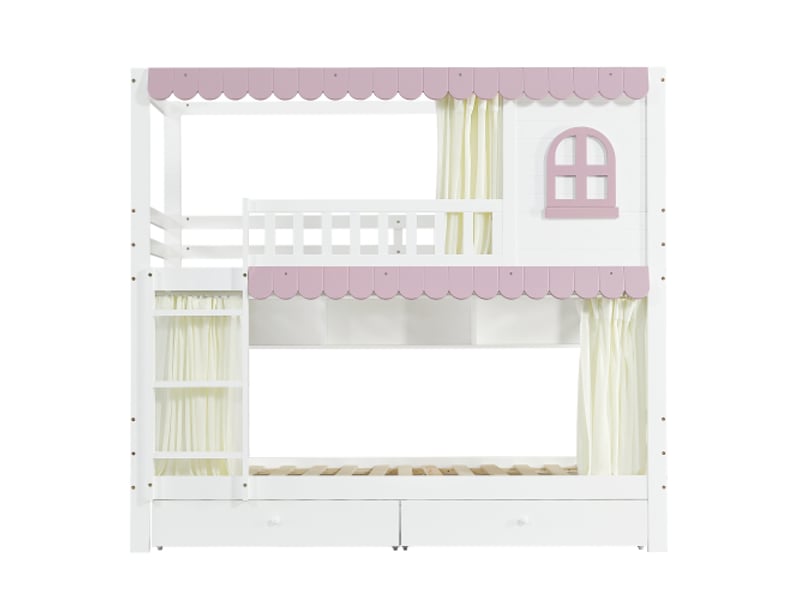 Lit superposé 90x200 cm, lit simple enfant, fenêtre, rideaux, étagères ouvertes, 2 tiroirs, blanc et rose, sans matelas - Conforama D