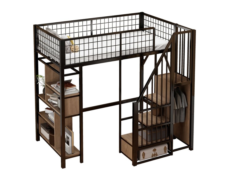  Lit mezzanine 90x200cm avec rangements, escalier sécurisé - lit simple - étagères - barrière de sécurité - noir  - Conforama D