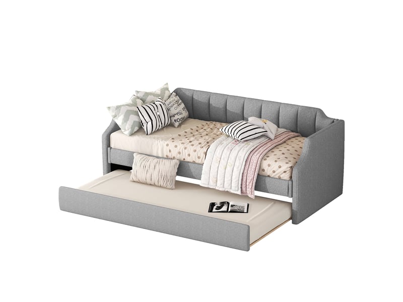  Lit banquette 90x200 capitonné avec lit gigogne - lin gris 213x97x81 cm  - Conforama A