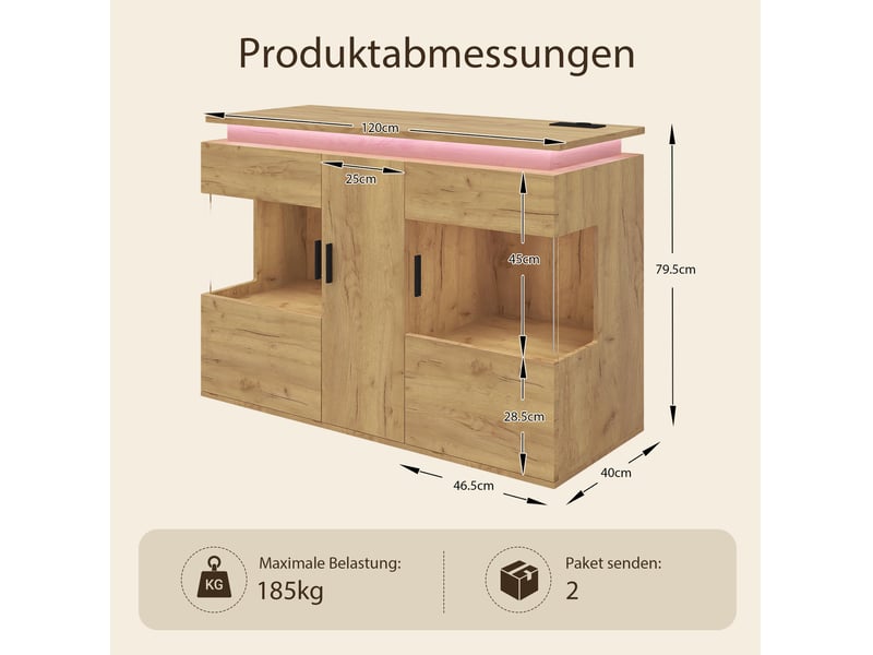  Buffet tcqpz 120 x 40 x 79,5 cm led 16 couleurs prises usb usb-c chêne clair  - Conforama C