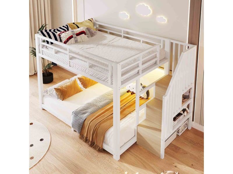 Lit superposé 140x200 cm en métal avec éclairage led, 3 rangements, escalier avec rangements et barrières de sécurité - blanc  - Conforama D