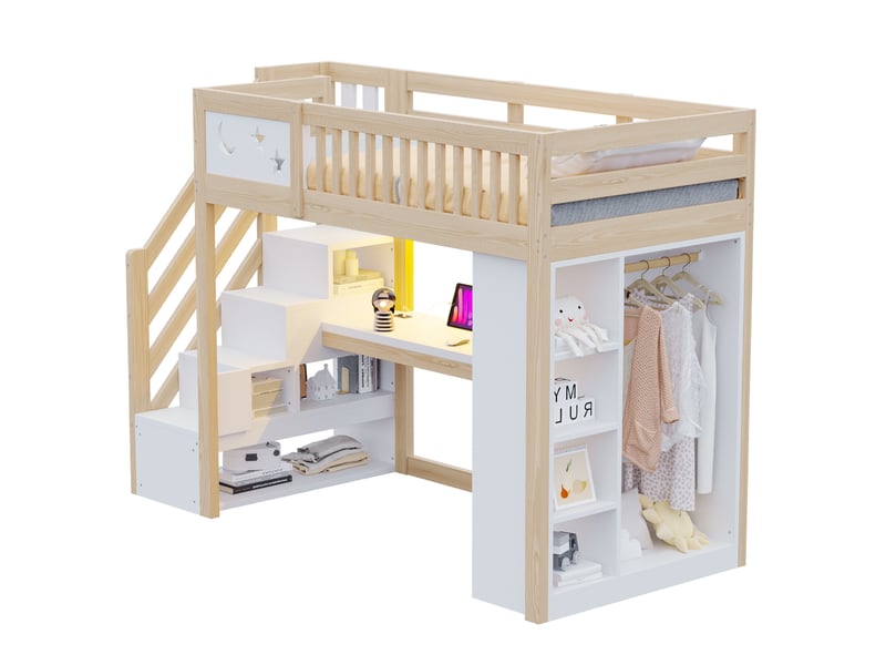 Lit mezzanine enfant 90x200 cm avec bureau, led et rangements, blanc et bois clair, sans matelas  - Conforama A