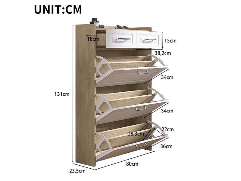  Meuble à chaussures 80x23,5x131 cm, portes et tiroirs, meuble bureau et salon, panneau de particules, blanc et naturel  - Conforama C