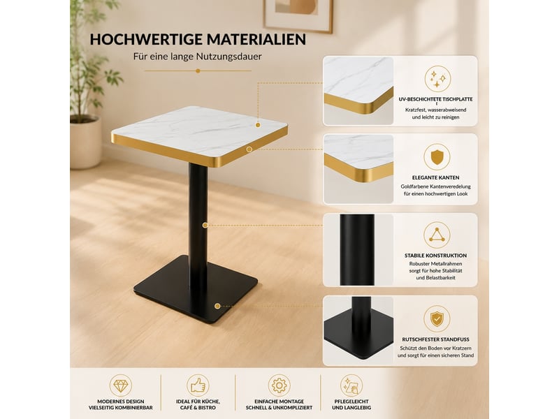  Table de salle à manger,60x60x74 cm,avec piètement métal,mdf,blanc marbré  - Conforama E