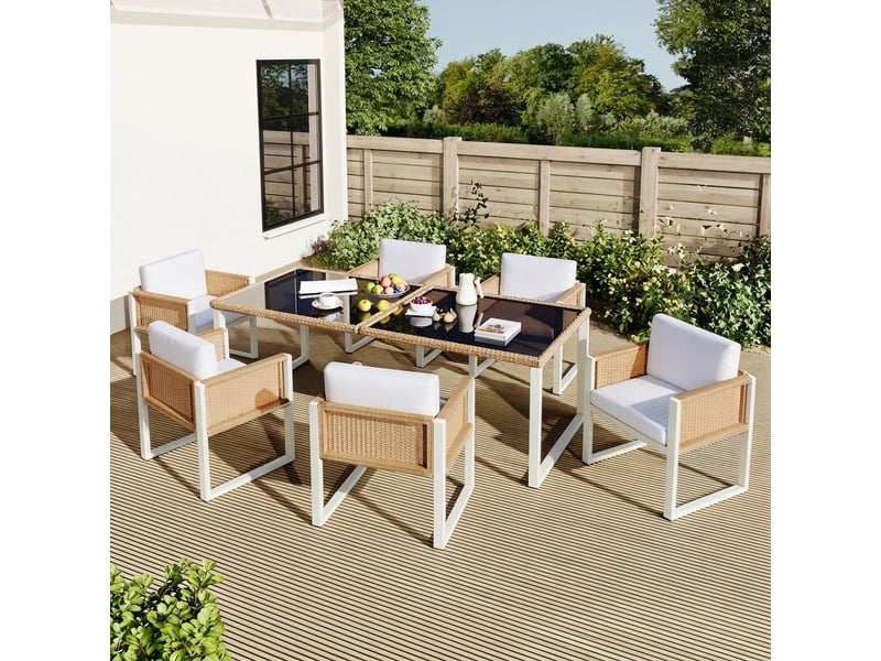 Ensemble de mobilier de jardin en polyrotin 170 x 80 cm, ensemble repas de jardin pour 6 personnes avec table en verre, fauteuils et housses lavables. - Conforama B